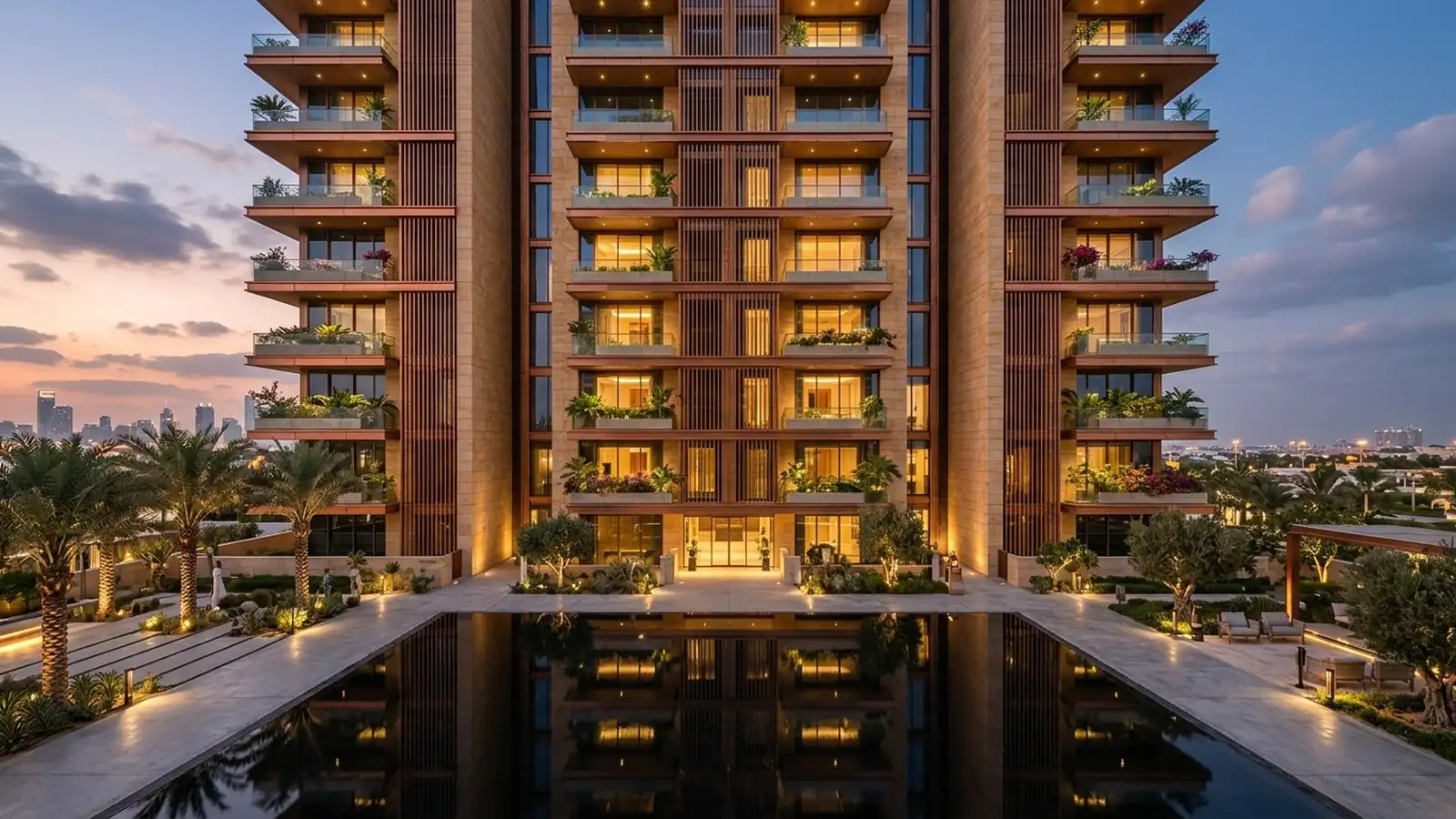 5-Star sustainable residential high-rise in Dubai Hills Estate featuring solar fins and double-glazed curtain wall